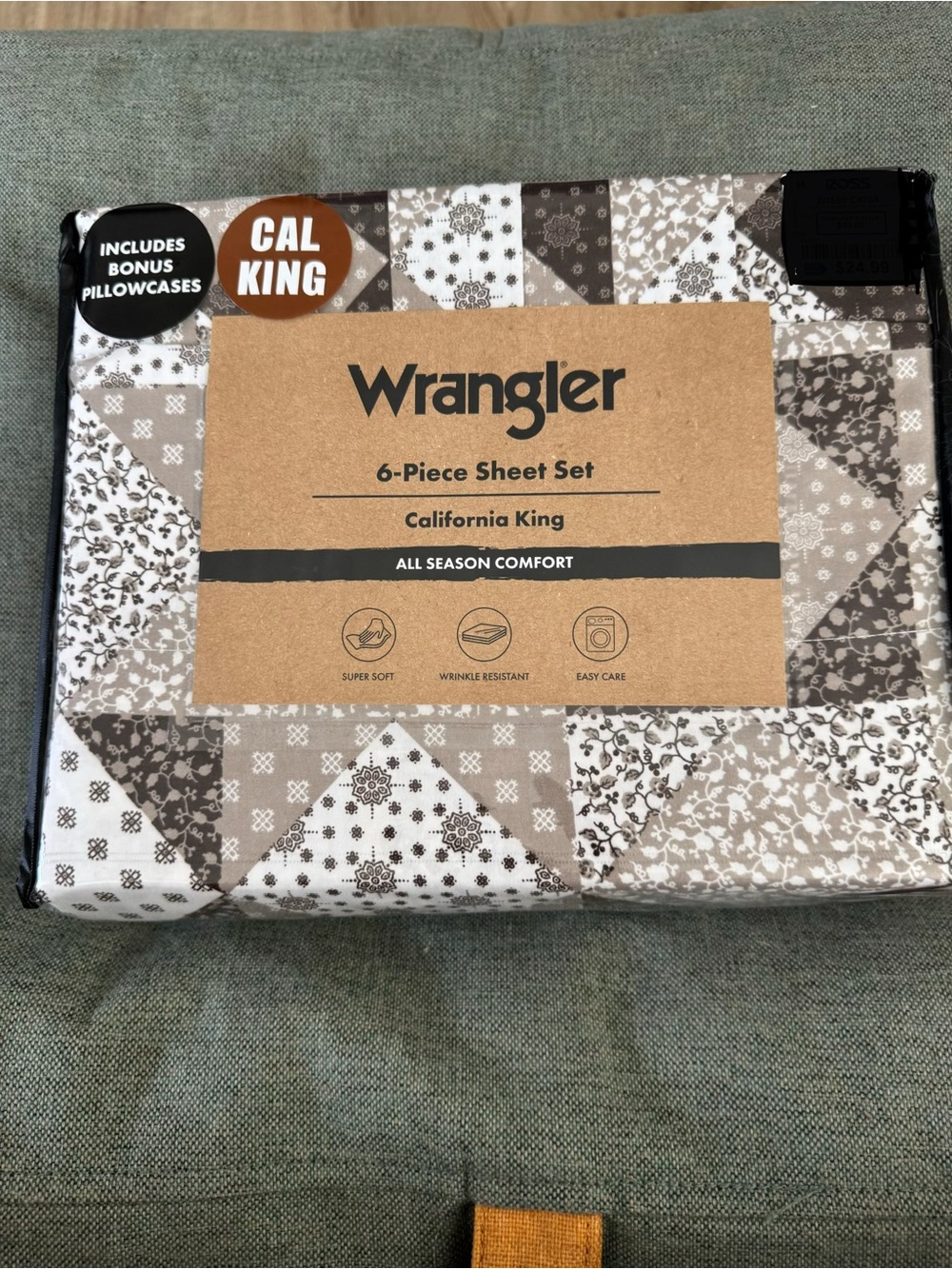 Wrangler California King 6-Piece Sheet Set - Taupe and White bandana Patchwork